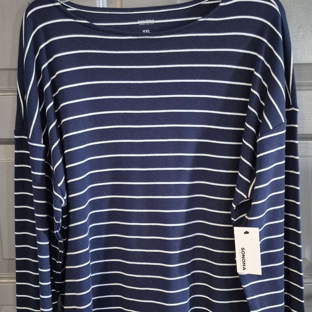 Sonoma Navy and White Striped Long Sleeve Top Women's Plus Size XXL (2XL)